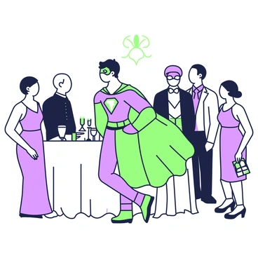 An individual dressed for a costume party in a formal setting, looking out of place