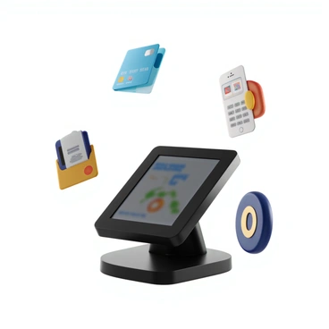 A digital register displayed prominently in the center of the image with a sleek, modern design. Floating around the register are various payment icons, including a credit card with a chip, a smartphone showing a mobile payment app interface, and an e-wallet symbol. Each icon is designed with vibrant colors and recognizable features. The digital register has a glowing screen that displays transaction details, reflecting the dynamic nature of digital payments.
