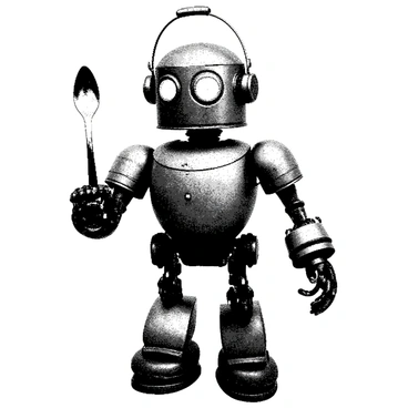 A robot stands upright with a metallic body showing signs of wear and tear. Its head is shaped like a bucket, featuring a slightly dented surface and a handle on top. One arm is replaced with a shiny silver spoon, reflecting light in a peculiar manner, while the other arm is a series of exposed wires and gears. The robot has a single glowing eye, surrounded by a rusted frame, giving it a somewhat forlorn expression. The overall appearance suggests it has seen better days, with various non-functional parts that hint at a past filled with activity.