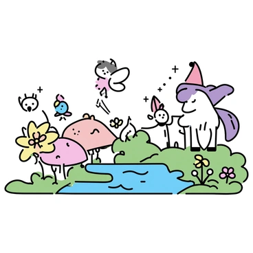 A collection of various magical forest creatures scattered throughout a lush green setting. A small, whimsical fairy with delicate wings hovers near a vibrant flower, while a curious gnome with a red hat observes from behind a large mushroom. A gentle unicorn is drinking from a sparkling stream, its mane flowing elegantly. Nearby, a wise owl perches on a low branch, watching the scene unfold. The ground is covered with soft moss and colorful wildflowers, creating a vibrant tapestry of colors.
