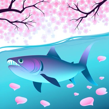 A vibrant piranha with sharp teeth swimming beneath delicate cherry blossom petals that are gently floating on the surface of a clear river. The petals are shades of soft pink and white, creating a beautiful contrast against the deep blue water. Sunlight filters through the branches of cherry blossom trees, casting dappled shadows on the riverbed below. The scene captures the movement of the piranha as it navigates through the water, surrounded by the serene beauty of the petals drifting gracefully above.