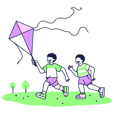 A duo is joyfully running across a grassy field. On the left, a child with short hair is holding a large, flowing kite that features sections of vibrant colors. To the right, a second child is laughing as they run alongside, wearing a striped t-shirt and shorts. The grassy field is dotted with small wildflowers, and in the distance, a few trees provide a backdrop. The wind is catching the kite, causing it to soar high above them, with its tail trailing behind.