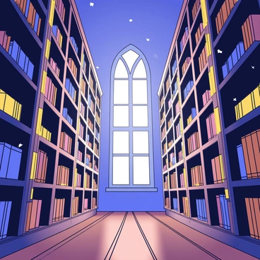 A large ancient library with tall wooden shelves filled with books. The books are floating in mid-air, gently swirling around the room. Soft, glowing magical lights illuminate the space, casting a warm glow on the intricate details of the shelves. There are large, arched windows allowing soft light to filter in, revealing the dust motes dancing in the air. The floor is made of dark polished wood, adding to the atmosphere of age and mystery.
