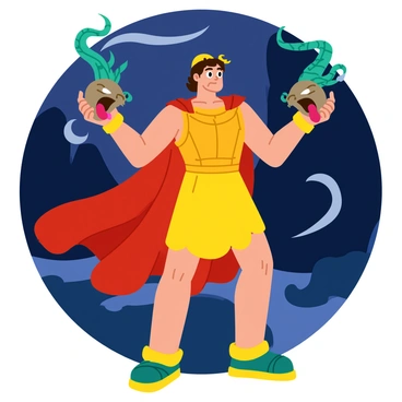 Perseus stands triumphantly in the center of the image, holding two severed Gorgon heads with snake-like hair. His expression is determined and fierce, showcasing the courage of a hero. He is adorned in an ornate bronze chest plate, reflecting light, and wears a flowing cape that billows behind him. The heads are grotesque, with wide, haunting eyes and writhing snakes, displayed prominently in his hands. In the background, a rugged landscape with jagged rocks and a dark sky enhances the dramatic tension of the scene. A hint of mist swirls around Perseus, adding a sense of mystique to the moment.