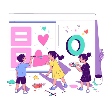 A group of children of different genders is actively painting a large wall. The wall is covered with bold, colorful designs featuring numerous "equal signs" and "hearts." One boy, wearing a blue shirt, is using a brush to paint a bright pink heart, while a girl in a yellow dress is adding a teal equal sign next to him. Another girl with pigtails is holding a palette, selecting a vibrant orange color for her next stroke. The scene is filled with paint splatters and joyful expressions as the children collaborate on their artwork.