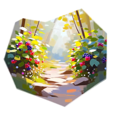 A winding forest path meanders through a dense green thicket. On either side of the path, lush bushes are laden with clusters of ripe wild berries in shades of red, blue, and purple. The sunlight filters through the leafy canopy above, casting dappled shadows on the ground. Small wildflowers peek through the underbrush, adding splashes of color to the scene. The path is slightly uneven, made of earth and scattered stones, inviting exploration.