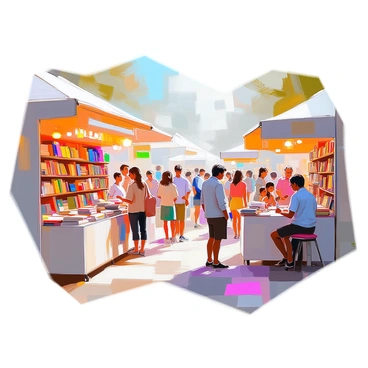 A vibrant book festival showcases various colorful stalls filled with a diverse range of books. Each stall is adorned with banners displaying the names of authors and genres. Visitors of all ages are interacting enthusiastically, browsing through the books and engaging in conversations. Some authors are seated at their stalls, signing copies of their works and chatting with fans. There are also small tables set up for readings, with a few people gathered around listening intently. The atmosphere is lively and filled with the excitement of the literary world.