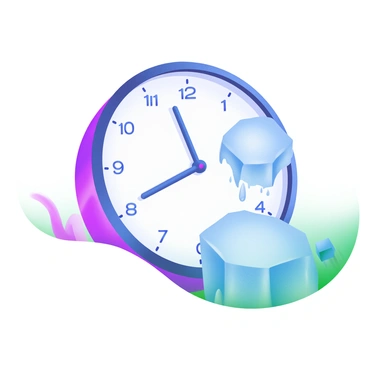 A clock with an ornate frame is prominently displayed. The clock hands are represented by two melting ice caps, one leaning to the left and the other to the right. The clock face features numbers clearly marked, with the melting ice caps positioned to indicate that time is running out. The background includes a subtle gradient of soft blues and whites, reminiscent of the cold environment associated with ice caps. Water droplets can be seen trickling from the ice caps, emphasizing the theme of melting and the urgency behind the concept of time.