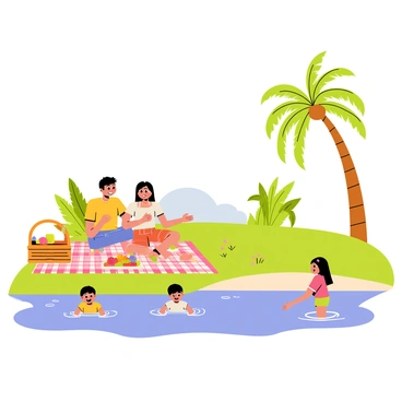 A family having a picnic on a bright checkered blanket laid out on the grassy bank of an oasis. The scene includes a picnic basket filled with colorful fruits and sandwiches. There are two children splashing in the shallow waters of the oasis, with joyful expressions on their faces. Surrounding the oasis are tall palm trees with lush green fronds gently swaying in the breeze. In the background, a clear blue sky is visible, contributing to the cheerful atmosphere of the scene.