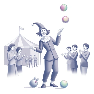 A jester stands in a lively scene, adorned in traditional jester attire with a pointed hat and bells. The jester is juggling three colorful balls high in the air, showcasing a lighthearted demeanor. In the foreground, a crowd watches with expressions of joy and amusement, some clapping and laughing. Nearby, the jester has created a few balloon animals, which are scattered on the ground, adding to the festive atmosphere. The background features a simple tent structure, emphasizing the setting of a fair or carnival.