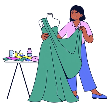 A fashion designer stands beside a dress form, draping a luxurious, flowing fabric over its silhouette. The fabric is a rich shade of deep emerald green with a soft sheen. The designer has an array of colorful threads and pins scattered on a nearby table. She is focused on arranging the fabric elegantly, the material cascading beautifully to form a flowing gown. Various swatches of fabric in different colors and textures are positioned around the workspace, emphasizing creativity and inspiration in the design process.