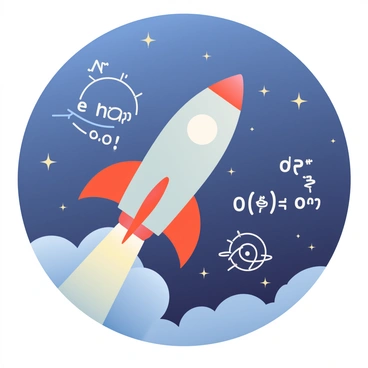 A sleek, metallic rocket ship is soaring through the darkness of space. It features a pointed nose and bright orange engines. Surrounding the rocket are various equations and diagrams, written in white, floating in mid-air. The equations include complex mathematical symbols and numbers, while the diagrams illustrate orbits and trajectories. Small stars twinkle in the background, adding a sense of depth to the vastness of space. The rocket is angled slightly upward as it ventures into the unknown.