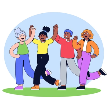 A group of four friends is celebrating outdoors after completing a fun sprint challenge together. Each friend has a big smile on their face, showing their excitement and joy. The first friend has short curly hair and is wearing a bright green tank top and blue shorts. The second friend has long straight hair tied in a ponytail and is dressed in a yellow t-shirt and black leggings. The third friend, with a buzz cut, is wearing a red sports jersey and grey joggers. The last friend has medium-length wavy hair and is in an orange sweatshirt and purple shorts. They are high-fiving each other and raising their hands in triumph against a backdrop of green grass and a clear blue sky.