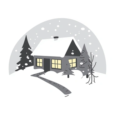 A white cozy cottage is surrounded by a blanket of falling snow in a serene snowy landscape. The cottage has a gently sloped roof covered in thick white snow, and warm light is spilling from the windows creating a soft glow. In front of the cottage, there are small snow-covered trees, and a narrow path leads up to the front door. The ground is blanketed in a thick layer of white snow, and large snowflakes are drifting down from the gray sky, enhancing the peaceful atmosphere.