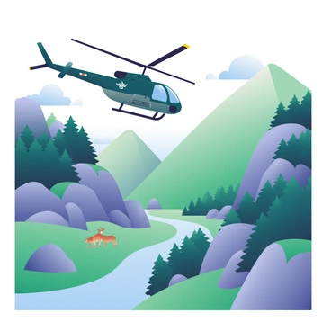 An NH90 helicopter is flying over a rugged terrain featuring rocky outcrops and dense patches of forest. The helicopter has a dark green color scheme with military insignia on its side. Below, the landscape is marked by steep hills and deep valleys, with a winding river cutting through the terrain. The sky is partly cloudy with bright blue patches visible. In the distance, a small group of deer can be seen grazing near the edge of the forest, while a light mist hovers over some of the valleys. The helicopter's rotors are in motion, creating a dynamic sense of action in the scene.