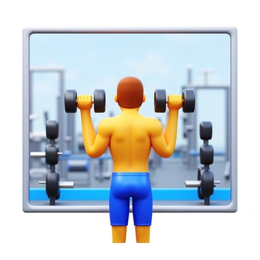 A person standing in a gym, checking their form in a large mirror. They are performing dumbbell front raises, holding a dumbbell in each hand. The individual has a focused expression, demonstrating concentration on their workout. The gym is well-equipped, with various fitness machines and weights visible in the background. The lighting is bright, highlighting the person’s physique and the details of their workout attire. The mirror reflects their posture and the motion of the dumbbells being raised in front.