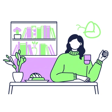 A girl is sitting at a small café table, holding a cup of coffee. She has long hair styled in loose waves and is wearing a knitted sweater. The table has a decorative tablecloth and a small vase with a flower on it. In front of her, there is a plate with a pastry. The café has shelves filled with books and plants in the background, creating a warm and inviting atmosphere. The girl looks relaxed as she enjoys her drink.