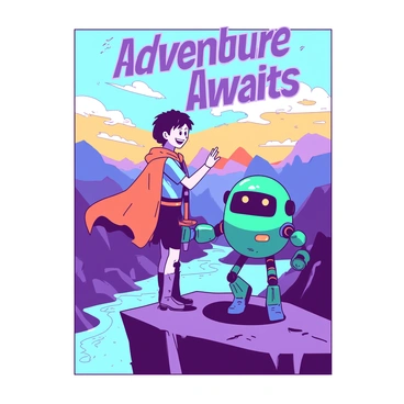 A young hero wearing a bright orange cape stands confidently holding a glowing blue sword in their right hand. Beside the hero, a friendly robot sidekick with a shiny teal body and large expressive eyes is waving enthusiastically with a mechanical arm. They are positioned on a rocky cliff overlooking a vast landscape filled with colorful mountains and a sparkling river below. The sky above them is painted with vibrant shades of blue and orange, suggesting a magical sunset. The title "Adventure Awaits" is boldly displayed in a whimsical font across the top of the cover.