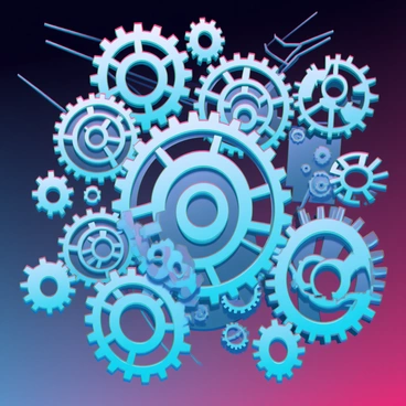 A complex arrangement of interlocking gears and wheels in perpetual motion. The gears are metallic with intricate teeth and varying sizes, reflecting light with shiny surfaces. Some wheels have spokes, while others are solid, creating a dynamic composition. Each gear is connected by thin metallic rods, enhancing the sense of movement. The background is a gradient that transitions from dark to light, emphasizing the energetic motion of the gears as they continuously turn and interact.