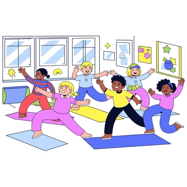 A group of children is giggling while attempting to mimic various yoga poses. Each child is in a different pose, displaying a range of fun and playful expressions. The classroom is filled with bright, colorful decorations such as posters of animals and shapes on the walls. There are yoga mats scattered across the floor in different colors. Sunlight streams in through the windows, illuminating the scene and adding a warm atmosphere.