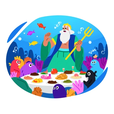 Poseidon, the Greek god of the sea, is depicted emerging dramatically from the depths of a vibrant underwater scene. He is adorned with a golden trident in one hand and a flowing blue-green robe that sways with the current. Colorful fish swim around him, and intricate coral formations provide a backdrop filled with bright colors. The underwater feast features a long table decorated with shells and plates of seafood, surrounded by sea creatures celebrating with joy. Bubbles rise around Poseidon as he smiles warmly, bringing an atmosphere of festivity to this enchanting gathering.