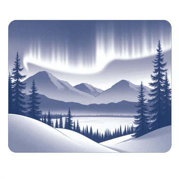 A wide view of a stunning Alaskan landscape under a night sky. The mountains rise majestically in the background, silhouetted against the vibrant display of the northern lights. The lights create flowing, ethereal patterns above, illuminating the dark sky. In the foreground, there are evergreen trees with snow-dusted branches, creating a serene and tranquil scene. A blanket of snow covers the ground, reflecting the light from the sky. "Northern Lights" is written elegantly in the corner of the postcard.