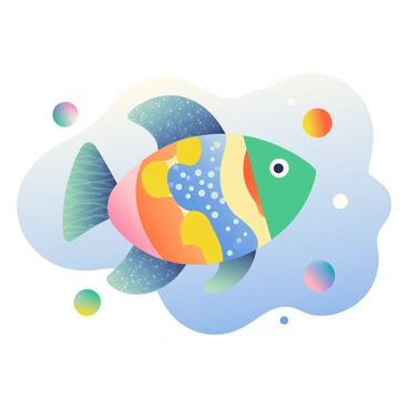 A large fish cut-out is prominently displayed in the center of the image. The fish features a variety of colors, including blue, green, orange, and yellow, crafted from distinct paper materials with different textures. Each section of the fish's body showcases patterns like stripes and polka dots. Surrounding the fish are small, colorful bubbles made from paper circles in varying sizes. The background is a soft gradient of light blue and white, enhancing the visual impact of the fish. The composition highlights the creativity and vibrant nature of the paper cut-out art.