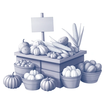 A market stand filled with various fall vegetables. The stand showcases an abundant display of "squash" in different shapes and sizes, including round and elongated varieties. There are "ears of corn" stacked neatly in bundles, their husks partially peeled back to reveal the kernels. The stand is surrounded by woven baskets filled with "pumpkins" and other seasonal produce, creating a vibrant and plentiful scene. A wooden sign is prominently displayed, indicating the types of vegetables available.