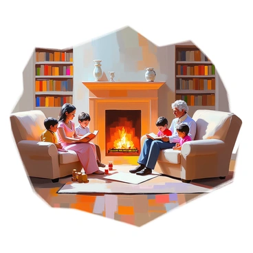 Thomas Jefferson, a man with light skin and a powdered wig, is sitting comfortably in a cozy living room filled with warm, inviting colors. He is surrounded by his family, which includes a woman with light skin and dark hair, likely representing his wife, and several children of varying ages. The children are engaged in different activities, with one reading a book, another playing with a wooden toy, and a third drawing on a piece of parchment. The room features a large fireplace with a gentle fire glowing, providing warmth to the space. There are comfortable armchairs upholstered in rich fabrics, bookshelves filled with leather-bound volumes, and a large rug covering the wooden floor, creating an intimate atmosphere for family bonding.