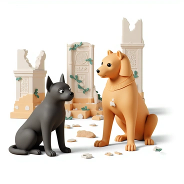 A three-headed dog, known as "Cerberus," with dark fur and piercing eyes, sits attentively on the left side of the scene. Beside it is a majestic "Sphinx," characterized by its lion's body and human head, adorned with intricate carvings and hieroglyphs على its chest. Both creatures are engaged in a friendly conversation, with Cerberus tilting its heads slightly as if listening intently, while the Sphinx appears to be gesturing with one paw. In the background, "ancient ruins" rise prominently, showcasing weathered stone columns and crumbling walls, partially covered in vines. The ground is scattered with fragments of stone, and the warm sunlight filters through the ruins, creating a serene atmosphere for their interaction.