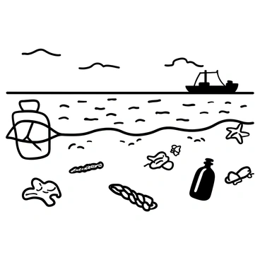 An ocean scene with barren shores, displaying cracked and dry sand where water once lapped. Scattered remnants of sea life, such as brittle seashells and desiccated starfish, are visible along the shoreline. A few pieces of debris, like plastic bottles and fishing nets, are strewn across the sand, highlighting the impact of pollution. In the background, the horizon shows a distant ship silhouetted against the sky, while a few clouds drift above, suggesting a change in weather.