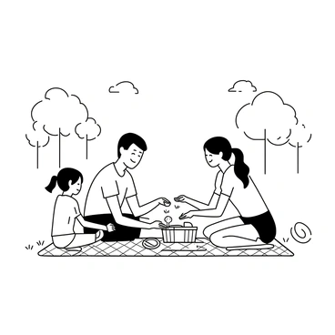 A small family is sitting on a checkered blanket spread out on the grass in a park. The parents, a man with short hair wearing a t-shirt and shorts, and a woman with long hair in a ponytail, are smiling as they serve food from a picnic basket. Their child, a young girl with pigtails, is excitedly reaching for a sandwich. A frisbee lies nearby, and a few trees provide shade in the background. There are light clouds in the sky, and the grass is detailed with blades and small flowers.