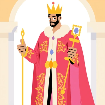 A regally dressed king stands confidently, wearing a richly ornate robe adorned with intricate golden patterns. His robe features a deep crimson color that contrasts beautifully with the gold. The king's serious expression is highlighted by a neatly trimmed beard and sharp features. A golden crown, embellished with sparkling gemstones, rests upon his head. He holds a scepter with a large jewel at the top in his right hand, while his left hand is positioned at his waist. The background includes blurred hints of a grand hall with arches, showcasing the royal setting.