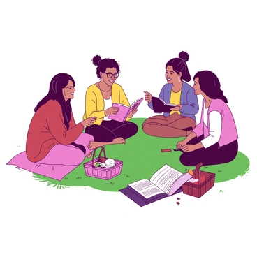 A group of five women is gathered in a circle on a green grassy area. They are engaged in a lively discussion about a book titled "Women's History." Each woman has a different hairstyle and is wearing colorful clothing. One woman, who has curly hair, is holding the book open and pointing at a specific page. Another woman, with straight hair tied in a bun, is nodding thoughtfully while taking notes on a small notepad. The third woman, with a ponytail, has her hands animatedly gesturing as she speaks. The fourth woman, with short hair, is smiling, while the fifth, with glasses, is leaning forward, showing interest in the conversation. Scattered around them are a few blankets and a small picnic basket filled with snacks.