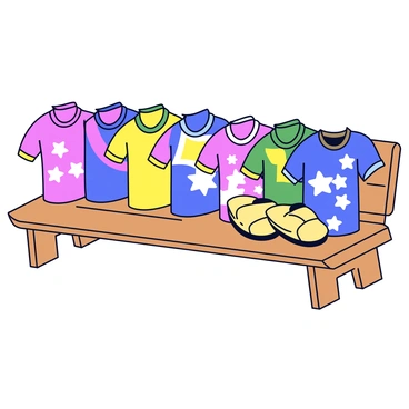 A wooden bench holds a collection of traditional kabaddi gear. There are vibrant jerseys in various colors, each illustrating unique patterns and designs. Next to the jerseys, a pair of sturdy shoes with rubber soles is positioned, emphasizing their functional design. The bench has a natural wood texture, showcasing the grain and knots. The overall arrangement highlights the significance of kabaddi equipment in a clean, organized manner.