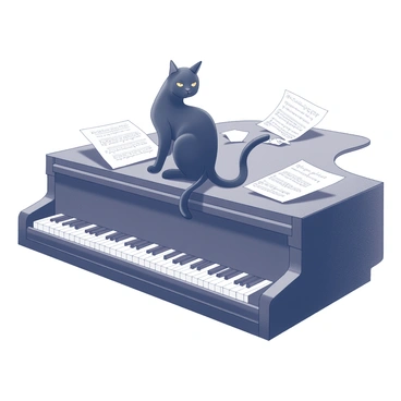 A black cat sitting gracefully on a grand piano. The cat has an arched back and its tail curled elegantly. Scattered around the piano are sheets of music, some partially opened and others crumpled. The polished surface of the piano reflects the delicate features of the cat. The scene captures the serene atmosphere of a music room filled with quiet elegance.