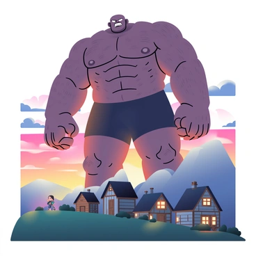A colossal titan with a muscular build stands on the horizon, casting a long shadow over a small human settlement nestled at the base of a hill. The titan has rough, textured skin with deep creases and a face that suggests a fierce expression. Below, the settlement consists of quaint wooden houses with sloping roofs, their windows glowing with warm light as evening falls. Small figures of humans can be seen, their posture showing an awe or fear in response to the giant towering above them. In the background, a vibrant sunset paints the sky with hues of orange, pink, and purple, adding contrast to the scene.