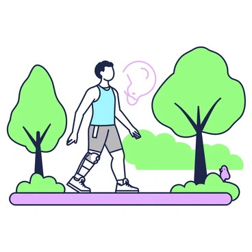 A person is walking along a path in a park during the morning. The individual is wearing a comfortable athletic outfit, consisting of a light blue shirt and gray shorts. They have a knee brace visible on their right leg, indicating the recent knee replacement. Surrounding them are green trees with a mix of tall and short trunks. Patches of green grass line the walkway, creating a natural border. The sun is rising, casting soft shadows on the ground, while a few birds are perched on branches nearby, adding life to the tranquil setting.