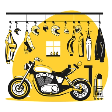 A motorcycle is parked in a garage, showcasing its sleek design and shiny surface. Above the motorcycle, several ceiling hooks are mounted securely. Hanging from these hooks are various helmets in different sizes, each featuring unique designs. Alongside the helmets, there are pieces of riding gear, including jackets and gloves, suspended neatly. The garage is organized, with tools and equipment arranged along the walls. Natural light filters in through a window, illuminating the motorcycle and gear below.