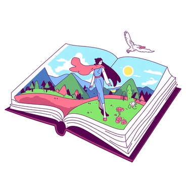 A person is standing on the pages of a large, open book. The book's pages display a vibrant landscape filled with rolling hills, towering mountains, and colorful forests. The person is wearing a flowing cloak that appears to flutter in the breeze as they take in the surroundings. Various fantastical characters, such as a winged creature darting through the air and a small gnome peeking from behind a tree, populate the scene. The landscapes are rich in detail, with intricate flowers and unique creatures scattered throughout the open book.