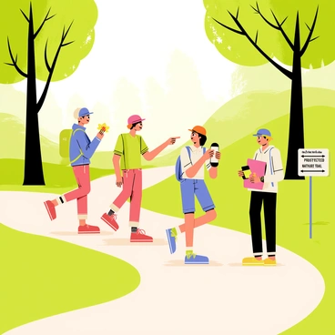 A group of four people walking along a winding path in a lush green forest. Each person is wearing comfortable hiking attire, including colorful hats and backpacks. Tall trees with vibrant green leaves rise on either side of the path. Sunlight filters through the branches, creating dappled light on the trail. One person is pointing at a colorful bird perched on a nearby branch, while another is taking a photo of a blooming flower. In the background, a sign indicates that this area is a protected forest, with arrows pointing towards various nature trails.