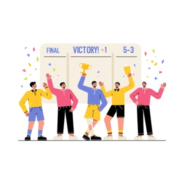 A group of five players, wearing brightly colored sports uniforms, stands in front of a large scoreboard. The scoreboard displays "Victory!" in bold letters at the top, along with a final score of "5 - 3." The players are smiling widely, with one player raising a trophy high above their head. Confetti in various colors falls around them, adding to the celebratory atmosphere. The players are striking victory poses, with arms raised and high-fives exchanged among them, showcasing their excitement and teamwork.