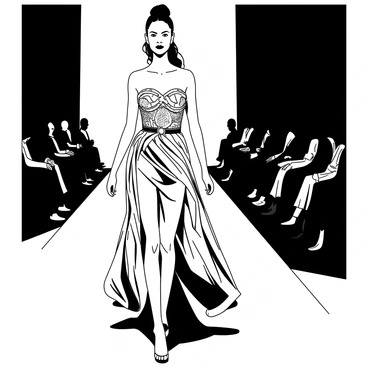 A model is strutting down a runway, wearing an elegant gown that flows gracefully behind her. The gown features intricate details and bold patterns. The model's hair is styled in a sleek updo, and she wears striking accessories that catch the light. The runway is illuminated with bright, dramatic lighting, casting sharp shadows and highlighting the textures of the gown. Spectators in the background are blurred, focusing attention on the model as she commands the stage.