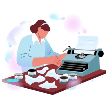 Mary Shelley typing away on a vintage typewriter, surrounded by crumpled papers and ink pots.