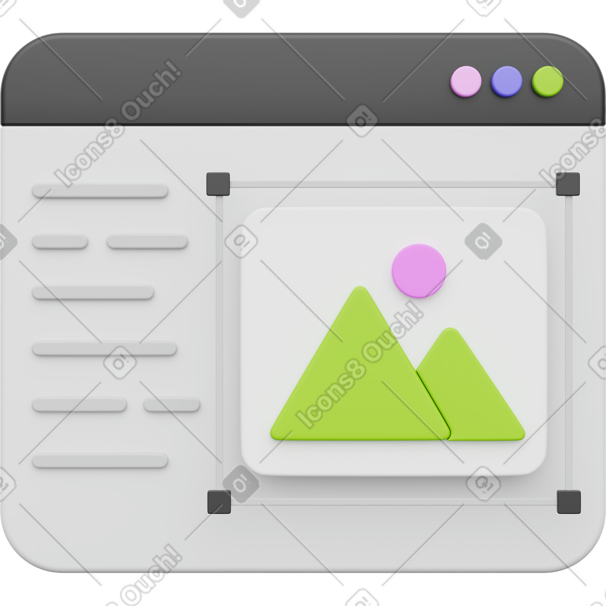 Website editor window with image placeholder and text content sidebar illustration in 3D Playful style download in PNG, SVG