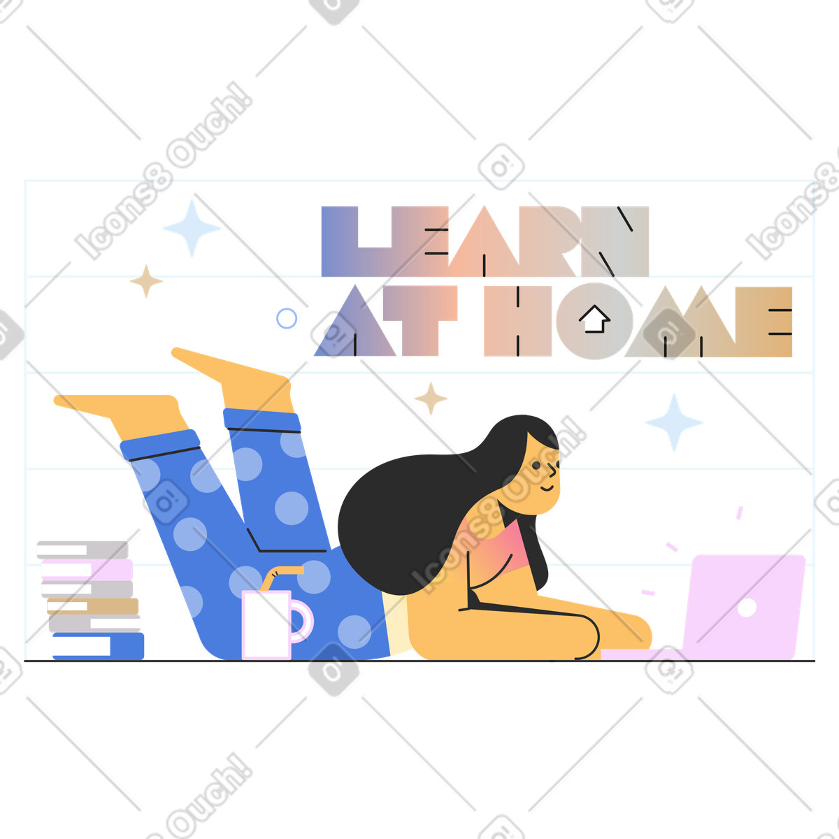 Learn at home text and the girl studies with a laptop and books illustration in Marginalia style download in PNG, SVG