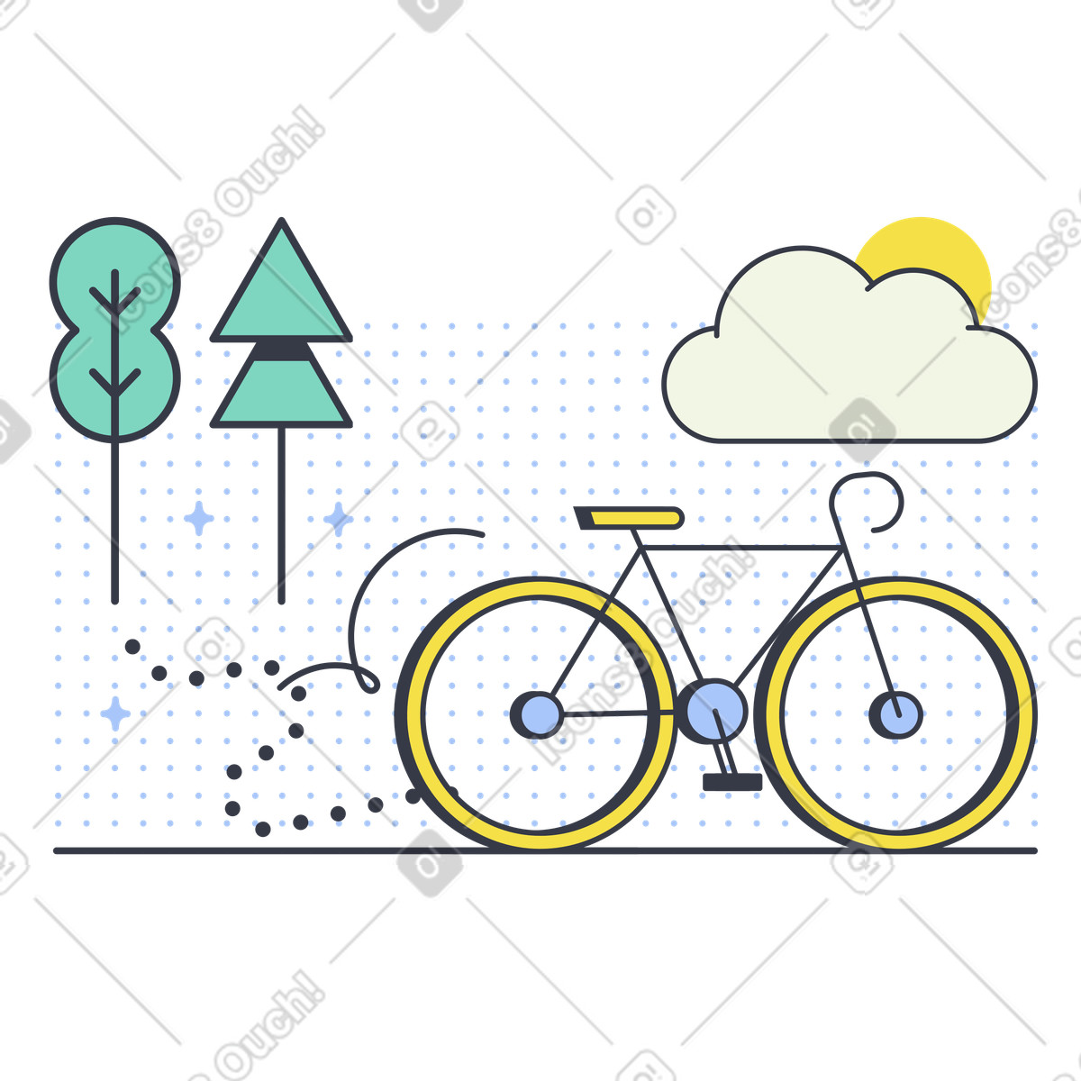Bicycle in park with trees and sun, Eco friendly transport and sustainability illustration in Abstract style download in PNG, SVG