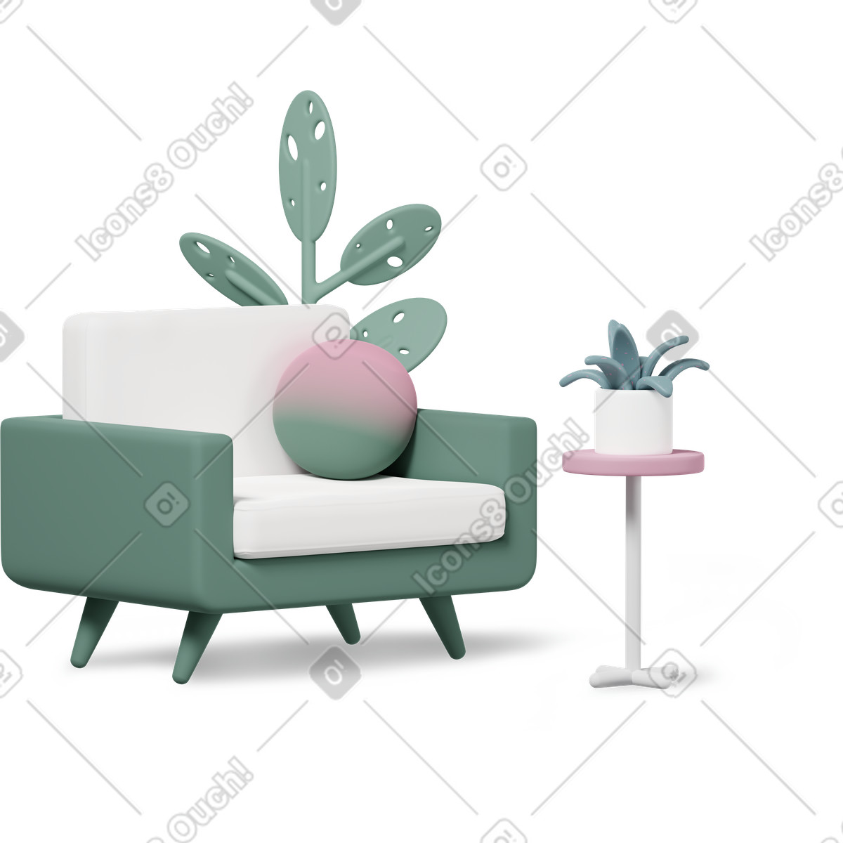 PNG, SVG 형식의 안락 의자와 식물 인테리어 일러스트레이션