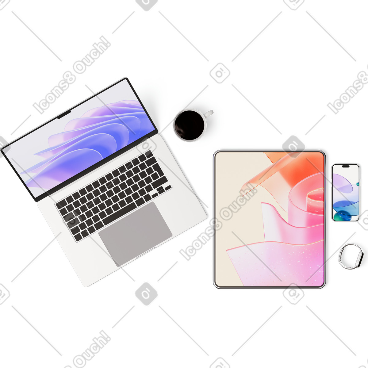Vista dall'alto di tablet, smartphone, laptop e tazza tè illustrazione in stile 3D Hygge scarica in PNG, SVG