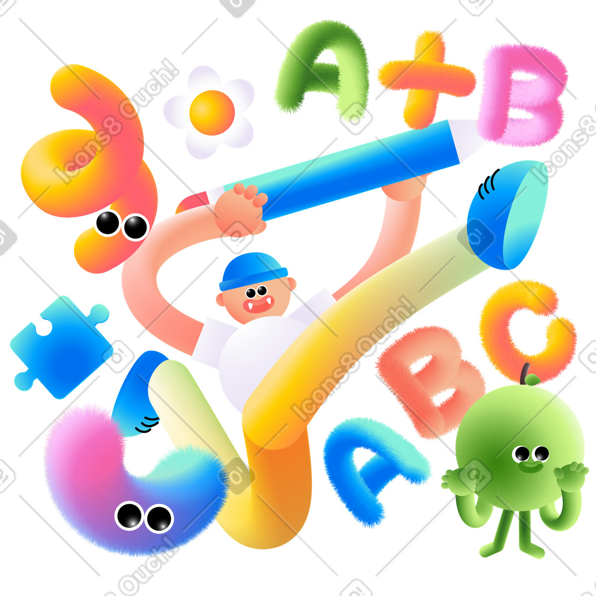 Lettering a+b/abc e ragazzo che salta con un testo a matita illustrazione in stile Puffy scarica in PNG, SVG
